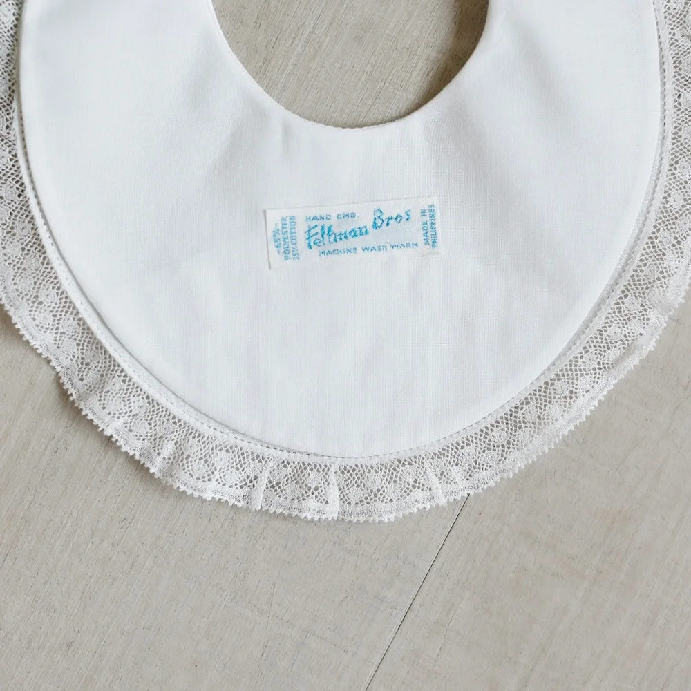 RARE White Heirloom Bib Lace Trim Blue Hand Shadow Bow Feltman Brothers NWOT
